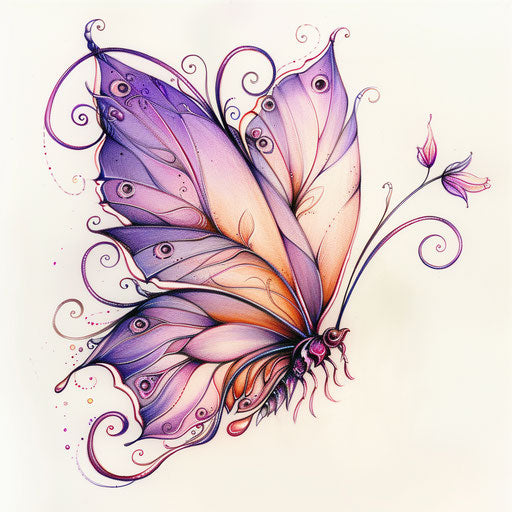 Whimsical flat tattoo sketch of a fairy-winged butterfly, pastel purples and pinks