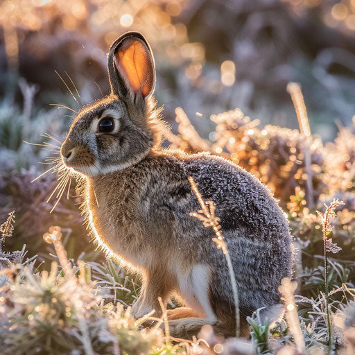 Alert rabbit in frosty morning amidst sparkling frost