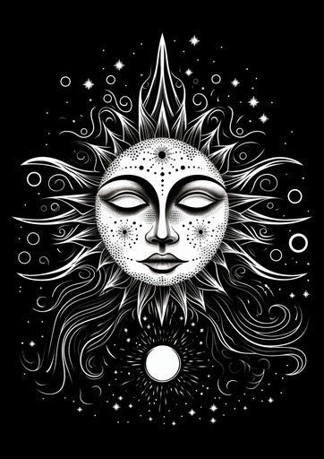 The sun, moon and stars in black and white drawing
