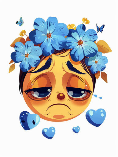 Sad emoji with blue flowers and butterflies