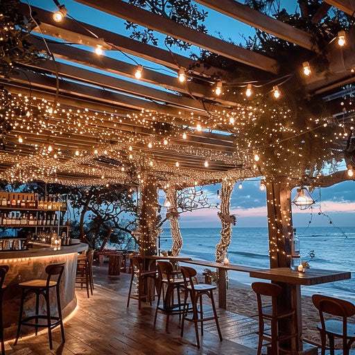 Beach bar under twinkling fairy lights with a stunning ocean backdrop