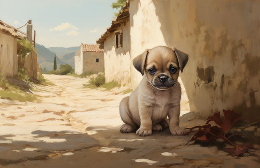 Pug pup on the side of a dirt road