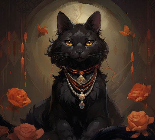 Black cat with necklace and bow, dark orange and dark brown style