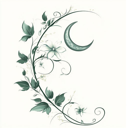 Beautiful flat tattoo sketch with crescent moon and floral vine in silver and green