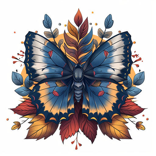 Blue butterfly and autumn leaves in seasonal flat tattoo