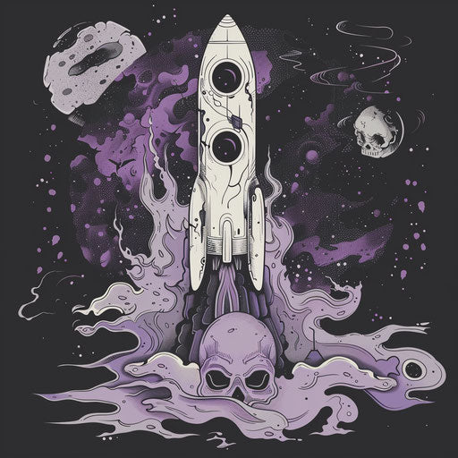 Eerie flat tattoo sketch of a phantom rocket in a spooky space scene