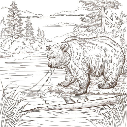 A brown bear fishing with a stick in a tranquil pond