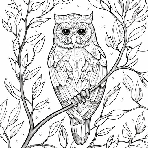 Mysterious owl on branch, Ruben Ireland style, coloring