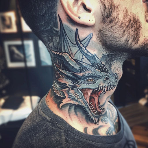 Neck tattoo of epic fantasy dragons