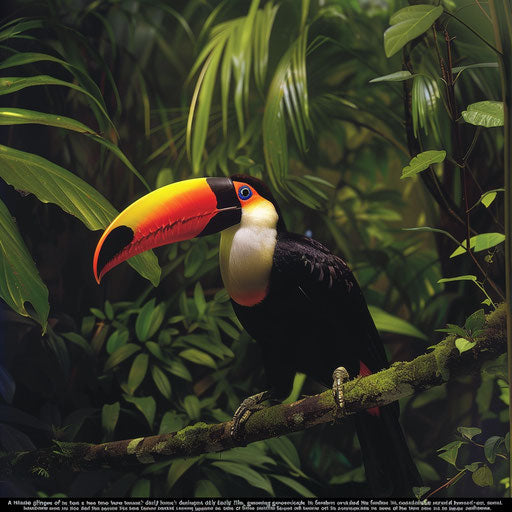 Intimate view of a toco toucan grooming its feathers on a secluded branch in the dense, emerald rainforest
