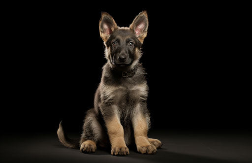 German shepherd puppy on white background, dark silver and light red style