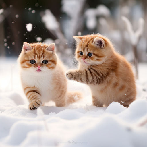 Exotic shorthair cat kittens playing in the snow