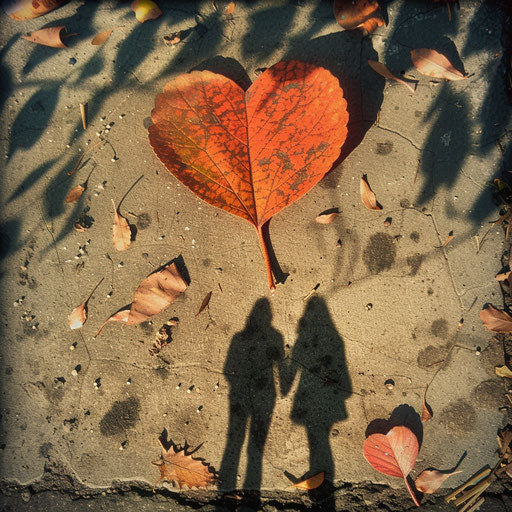Couple's shadows on heart-shaped leaf