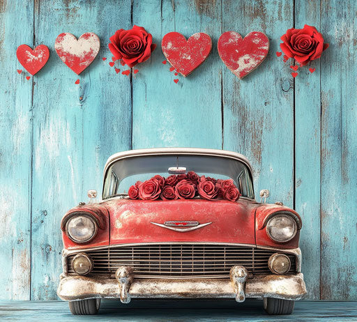 3D vintage car with roses and hearts on blue wooden background