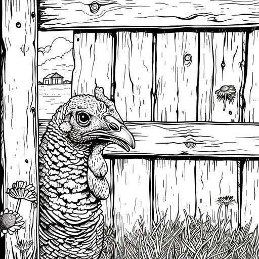 Turkey behind barn door in farm. Coloring page