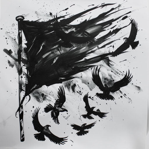 Bold dark flat tattoo sketch with black flag and fierce eagle silhouettes