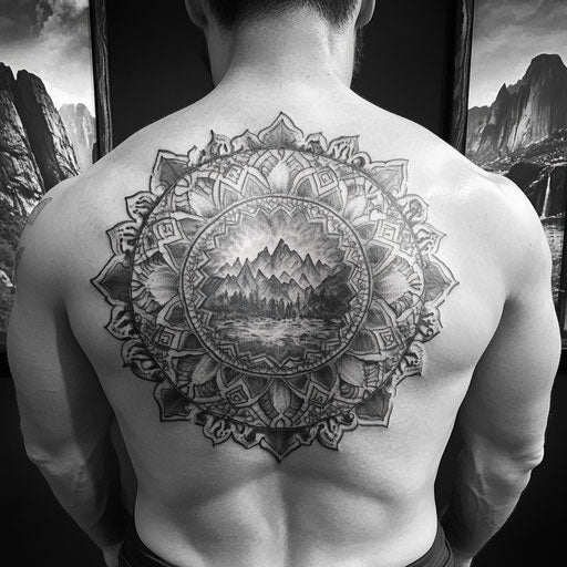 Mandala tattoo men transforming into vast fantasy landscape