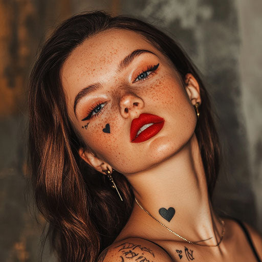 Small face tattoos with a tiny heart and arrow, in the style of Ed Hardy
