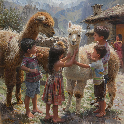 Alpacas interacting with children
