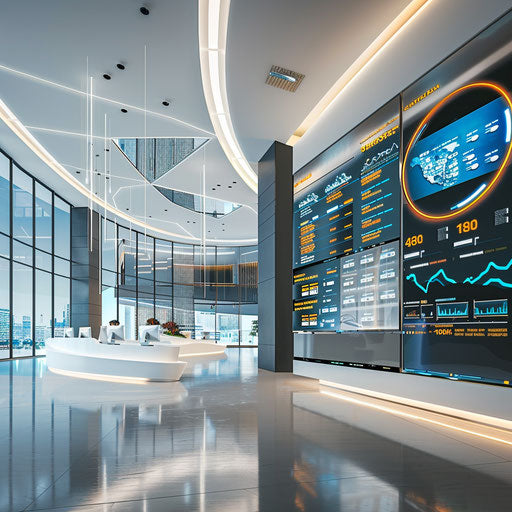 Modern bank interior with digital information screens