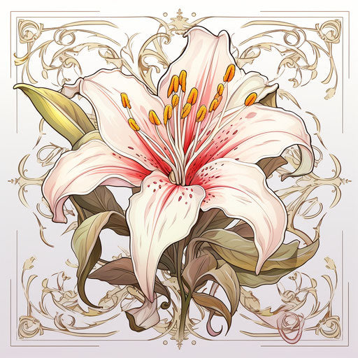 Pink lily on whimsical white floral background