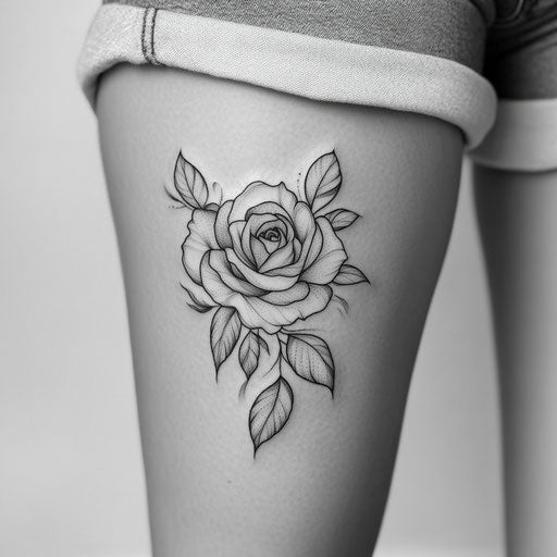 Inner thigh tattoo sketch with realistic rose in black and grey on white background