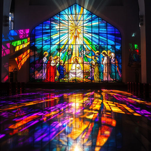 Vibrant stained glass of the birth of Jesus in a church
