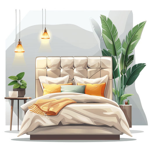 Realistic bedroom clipart with flat white background, modern design and vibrant colors