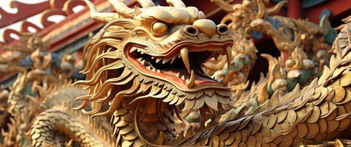 Golden Chinese dragon in China, outlined art style, elaborate, iconic