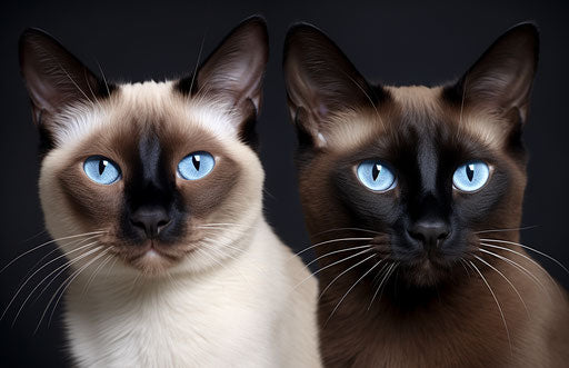 Siamese cats, dark beige and azure style, soft femininity