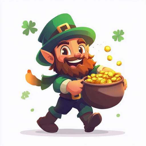 Dancing leprechaun with pot of gold on white background