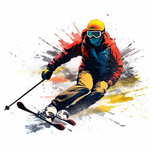 Ski illustration in the style of Chiaroscuro Art, on white background