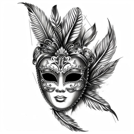 Stylish flat tattoo sketch of a Venetian mask with feathers