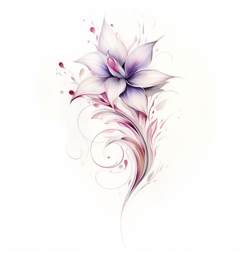 Flower tattoo design in light silver and magenta style, glittery and shiny, contrasting lyrical line-work, subtle 27:28