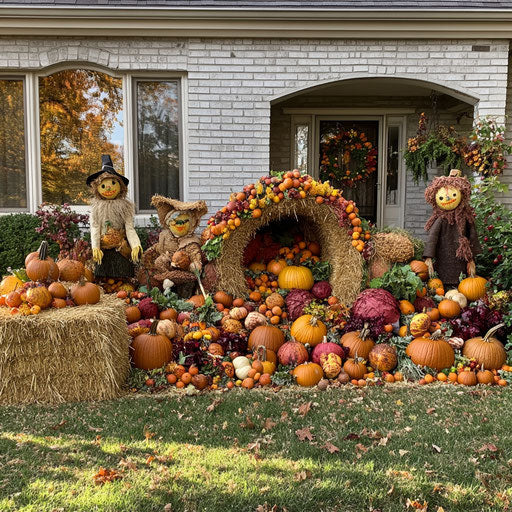 Autumn decoration with hay bales and scarecrows in the yard