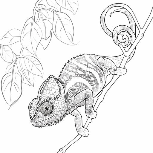 Playful chameleon hanging upside down from a branch