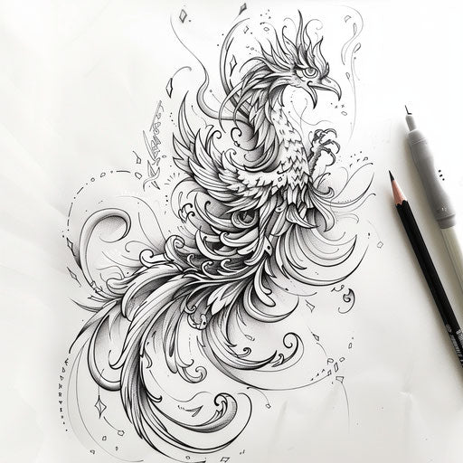 Contemporary sketch of an oriental phoenix with a minimalist aesthetic and bold outlines