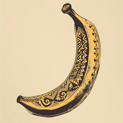 Exotic flat tattoo sketch of a banana with traditional Polynesian patterns
