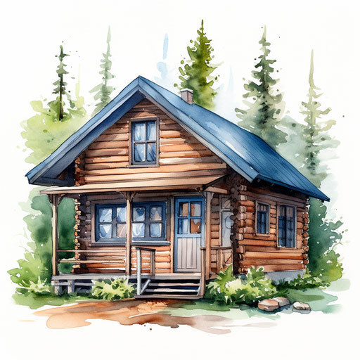Cabin illustration in the style of Watercolor Art