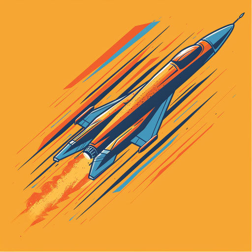 Dynamic flat tattoo sketch of a supersonic jet breaking the sound barrier, vivid orange and blue, clipart style