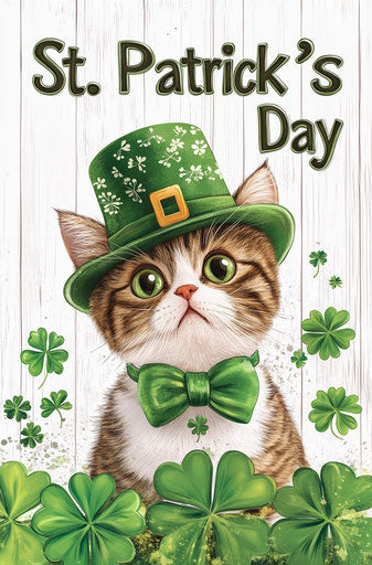 St. Patrick's Day, a cute cat in green hat and bow tie, surrounded by clovers, on white wood background.