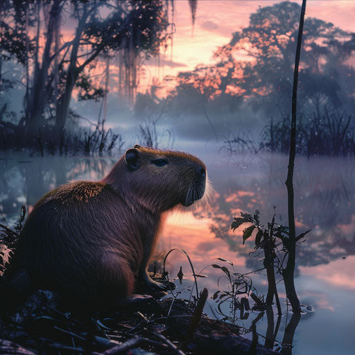 Exploration of a capybara by a misty river at dawn