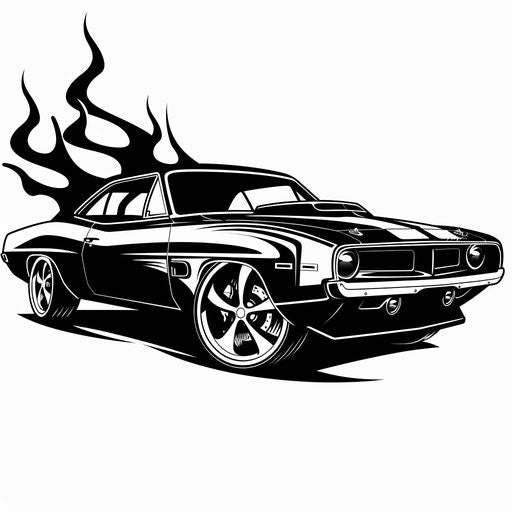 Muscle car sketch with tribal designs and deep blacks