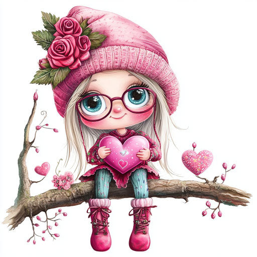 Adorable Valentine gnome girl on tree branch