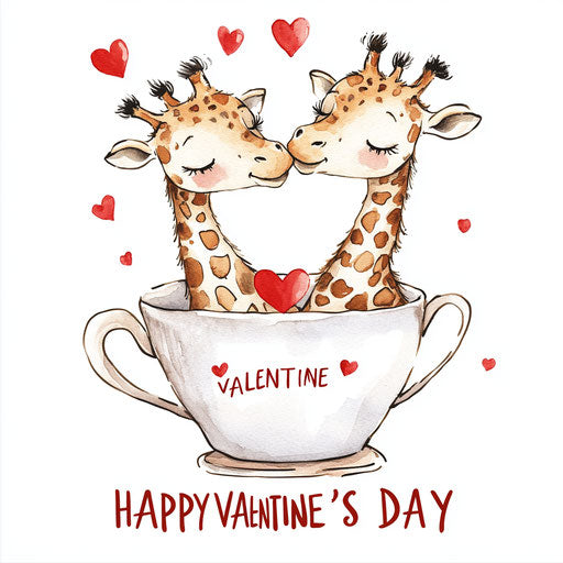 Adorable baby giraffes in love inside an elegant teacup