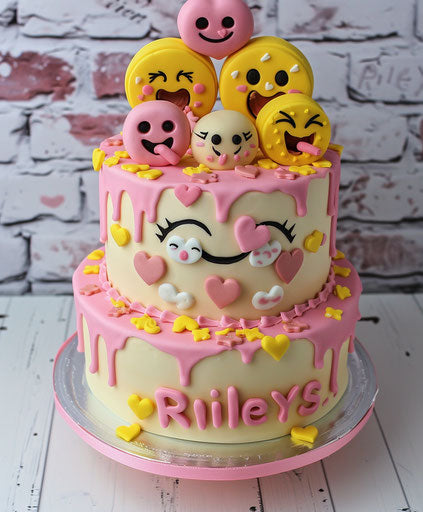 Pink and yellow cake with various emoticons on top