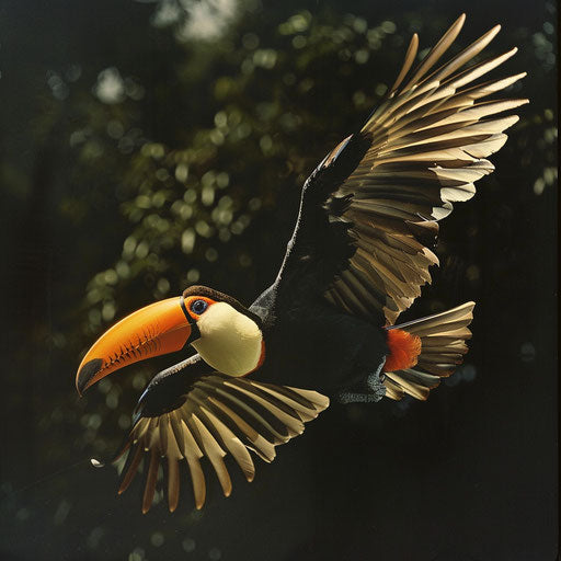 Toucan in flight with outstretched wings, in the style of Frans Lanting