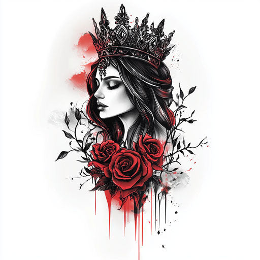 Tattooed queen with crown of roses and thorns on white