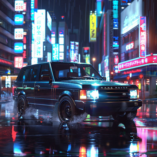 Futuristic electric vehicle in neon-lit city at night