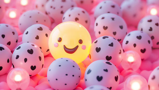Composition of cute pink balls with glowing yellow heart